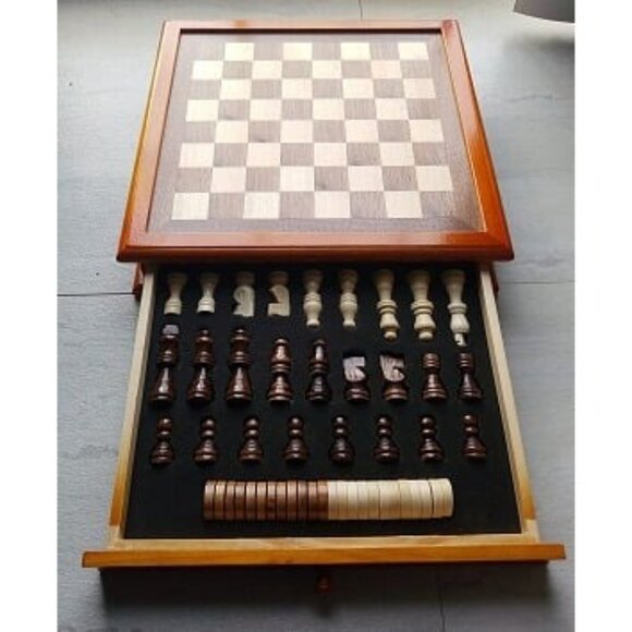 New 12-Inch Wooden Chess & Checkers Set with Storage Drawer, Portable Board - Picture 2 of 2